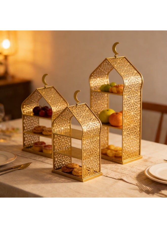 3-Piece Golden Decorative Display Shelves – Premium Metal Serving Racks for Ramadan, Eid, Weddings, Ideal for Fruit, Pastries, and Table Centerpieces（YB212） - Image 1